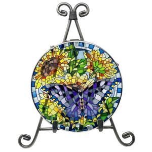 AMIA Hand Painted Stained Glass Suncatcher with Butterfly Sunflowers 6.5" Denver
